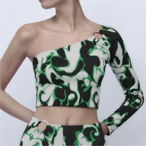 Green and Black Asymmetrical Women Top - One Sleeved with Ring